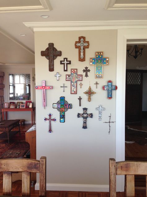 Cross Collage Wall, Cross Wall Collage, Wall Of Crosses, Cross Collage, Cross Walls, Spiritual Beauty, Cross Decor, College House, Prayer Corner