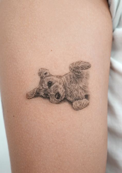 Tattoo Of My Dog, Mini Puppy Tattoo, Morkie Dog Tattoo, White Dog Tattoo, 3 Dogs Tattoo, Maltipoo Tattoo, Realistic Dog Tattoo, Dog Angel Tattoo, Schnauzer Tattoo Ideas