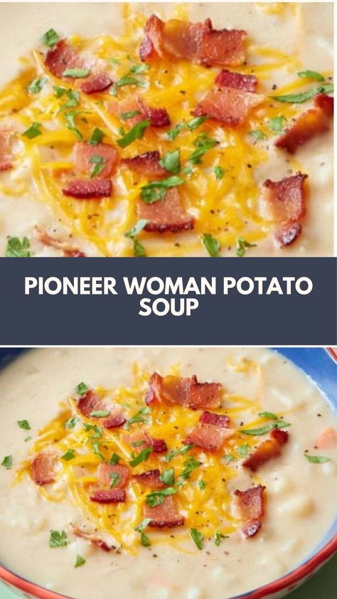 This easy Pioneer Woman Potato Soup is a creamy and comforting dish perfect for any meal. With its simple ingredients, you can whip it up quickly for a hot, nutritious dinner. Enjoy the delightful crunch of crispy bacon on top, making every spoonful a delicious treat! Ree Drummond The Pioneer Woman Recipes Soups, Pioneer Woman Loaded Potato Soup, Ree Drummond Potato Soup, Pioneer Woman Lasagna Soup, Pioneer Woman Recipes Easy, 7 Can Soup Pioneer Woman, Potato Soup Pioneer Woman, Pioneer Woman Soup Recipes, Pioneer Woman Recipes Dinner Main Courses