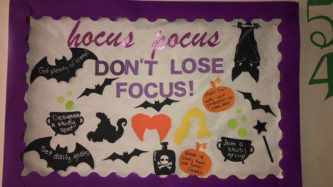 Halloween Bulletin Boards For High School, Halloween High School Bulletin Boards, Bulletin Board Ideas For Halloween, Life Skills Ra Bulletin Board, Hocus Pocus Bulletin Board Ideas, Spooky Bulletin Boards, Halloween Bulletin Boards For College, Halloween Ra Bulletin Boards, Hocus Pocus Bulletin Board