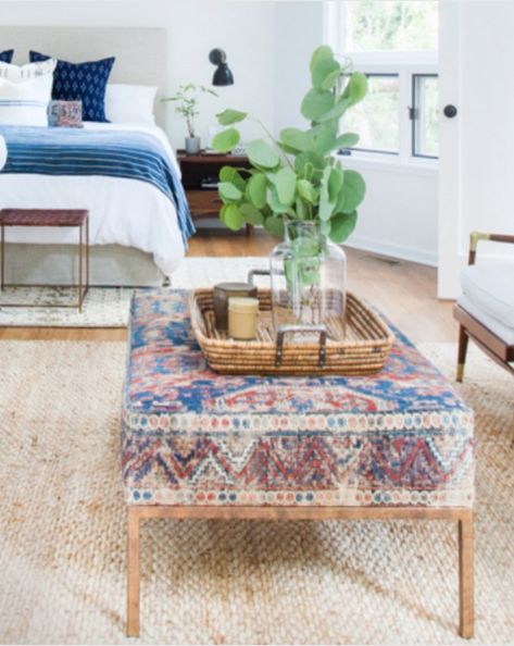 Inspired By Kilim Rugs - The Honeycomb Home Over Ottoman Coffee Table, Ottoman Inspiration, Ottoman As Coffee Table, Diy Ottoman Coffee Table, Upholstered Coffee Tables, Coffee Table Rug, Diy Ottoman, Amber Lewis, Ottoman Coffee