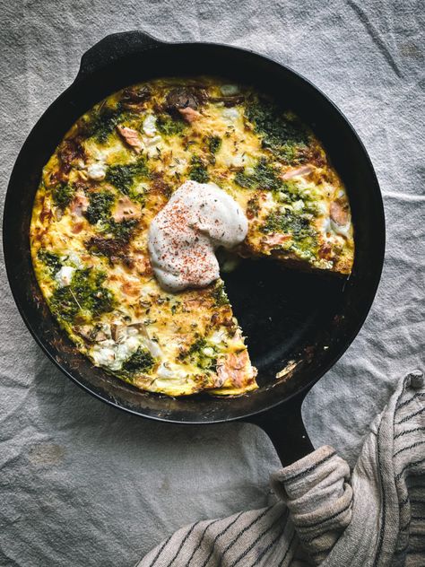 Salmon & Pesto Frittata - Dishing Up the Dirt Pesto Frittata, Salmon Pesto, Salmon Frittata, Crumbled Goat Cheese, Cooked Salmon, Leftover Salmon, Pesto Salmon, Kale Pesto, Frozen Meat