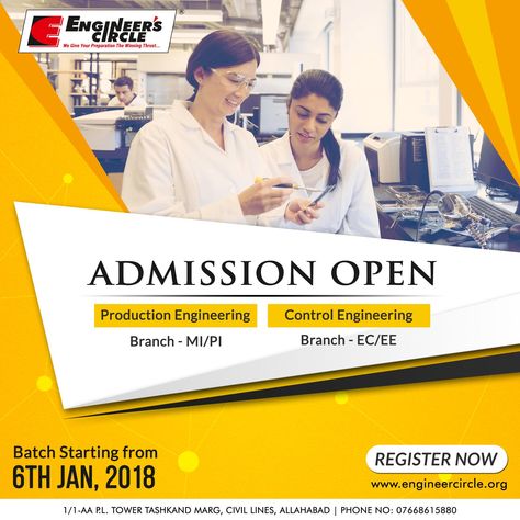 #AdmissionOpen for #Gate #ESE #PSUs. New Batches starting from 6th January 2018. #EnrollNow  For more information contact: Engineer's Circle, 1/1-AA P.L. Tower TASHKAND MARG, NEAR PETROL PUMP PATRIKA SQUARE, CIVIL LINES, ALLAHABAD | PHONE NO: 07668615880 Engineering College Admission Poster, Educational Photos, College Banner, Ads Inspiration, School Advertising, School Brochure, Admissions Poster, Gradient Color Design, Petrol Pump