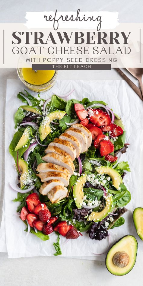 Green salad with strawberries and avocados on top on a white surface. Strawberry Goat Cheese Salad, Strawberry Goat Cheese, Lemon Poppy Seed Dressing, Strawberry Chicken, Honey Balsamic Dressing, Strawberry Chicken Salad, Seed Salad, Poppy Seed Dressing, Honey Balsamic