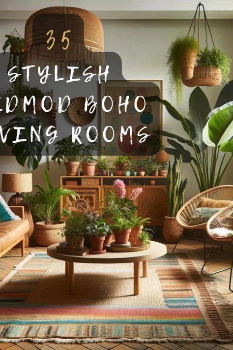 Want chic decor? Discover 35 mid-century boho living room ideas that combine chic style with boho flair. Perfect for creating a trendy and inviting space. Click to get inspired 🌟 #MidCenturyBoho #LivingRoomIdeas #HomeDecor #BohoChic #InteriorInspo Midmod Boho, Mid Century Modern Boho Living Room, Boho Mid Century Modern Living Room, Vintage Boho Living Room, Mid Century Boho Living Room, Afro Bohemian, Bohemian Style Living Room, Living Room Design Boho, Boho Living Room Ideas