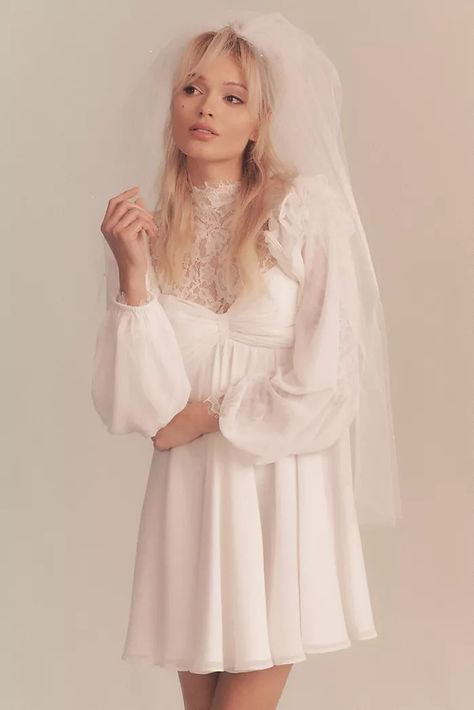 Wedding Party & Bridal Event Dresses | Anthropologie 70s Inspired Wedding, Wedding Reception Dresses, Wedding Dresses 60s, Short Bridal Gown, 70s Wedding Dress, White Dress With Sleeves, Reception Dresses, Mini Wedding Dresses, Anthropologie Wedding