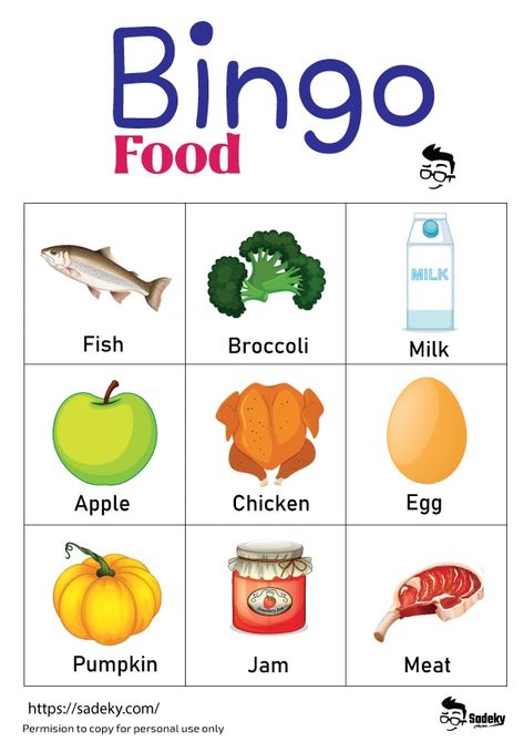 Free Food Bingo Cards Printable Game For Kids | Sadeky Food Bingo, Bingo Games For Kids, Printable Games For Kids, Printable Board Games, Food Vocabulary, Food Coloring Pages, Eating Right, Bingo Cards Printable, Kids English