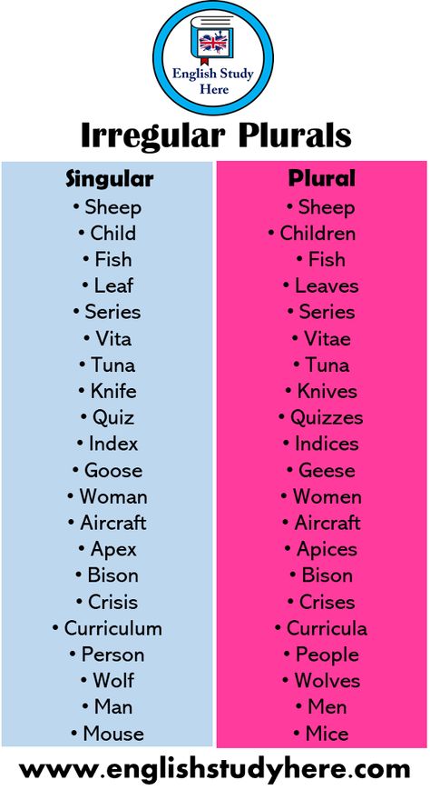 21 Irregular Plurals Words List Singular Plural •Sheep •Sheep •Child •Children •Fish •Fish •Leaf •Leaves •Series •Series •Vita •Vitae •Tuna •Tuna •Knife •Knives •Quiz •Quizzes •Index •Indices •Goose •Geese •Woman •Women •Aircraft •Aircraft •Apex •Apices •Bison •Bison •Crisis •Crises •Curriculum •Curricula •Person •People •Wolf •Wolves •Man •Men •Mouse •Mice Inflectional Endings, Tattoos Outdoors, Plural Words, Singular Plural, Outdoors Quotes, Irregular Plurals, Words List, English Language Learning Grammar, English Learning Spoken