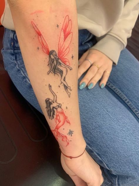 Fairy And Mermaid Tattoo Simple, Pisces Fairy Tattoo, Fairy Themed Tattoo Sleeve, Back Arms Tattoo, Fairy Like Tattoos, Fairy Tattoo On Arm, Fairy Tattoo Forearm, Feminine Mermaid Tattoo, Nature Fairy Tattoo