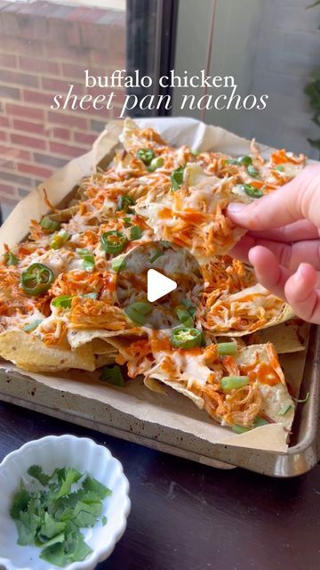 Buffalo Chicken Sheet Pan, Chicken Sheet Pan Nachos, Chicken With Buffalo Sauce, Peyton Pratte, Buffalo Chicken Nachos Recipe, Sheet Pan Nachos, Buffalo Chicken Nachos, Pan Nachos, Chicken Sheet Pan