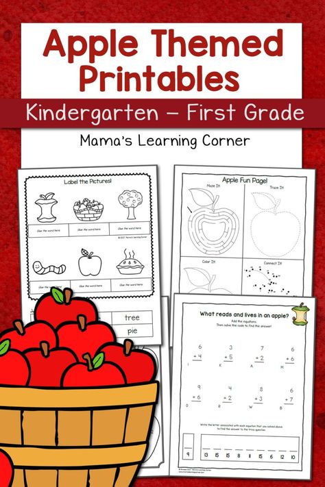 Apple Worksheets for Kindergarten-First Grade - Mamas Learning Corner Apple Math Worksheets, Apple Unit Study, Handwriting Worksheets For Kids, Apple Lessons, Subtraction Kindergarten, Addition Kindergarten, Apple Unit, Kindergarten Worksheets Free Printables, First Grade Worksheets