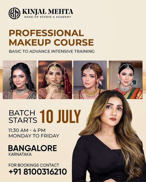 Professional Makeup Course || Batch Starts 📅 𝟭𝟬 𝗝𝘂𝗹𝘆 Dive into the world of beauty & finesse with '𝙆𝙞𝙣𝙟𝙖𝙡 𝙈𝙚𝙝𝙩𝙖', an acclaimed makeup artist known for her unparalleled expertise & unique makeup techniques. We are excited to announce her upcoming professional makeup course starting on the 10th of July. This is a rare opportunity for aspiring makeup artists to learn directly from her in an intimate setting, with a class size limited to only six students 👍 Beauty Salon Price List, Makeup Masterclass, Salon Price List, Beauty Courses, Makeup Course, Makeup Class, Unique Makeup, Makeup Academy, Training Academy