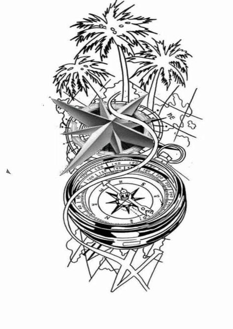 Palm Tree Compass Tattoo, Compas Tattoo, Clock Tattoo Sleeve, Compass And Map Tattoo, Compass Tattoo Men, Map Tattoo, Music Notes Tattoo, Animal Sleeve Tattoo, Small Chest Tattoos