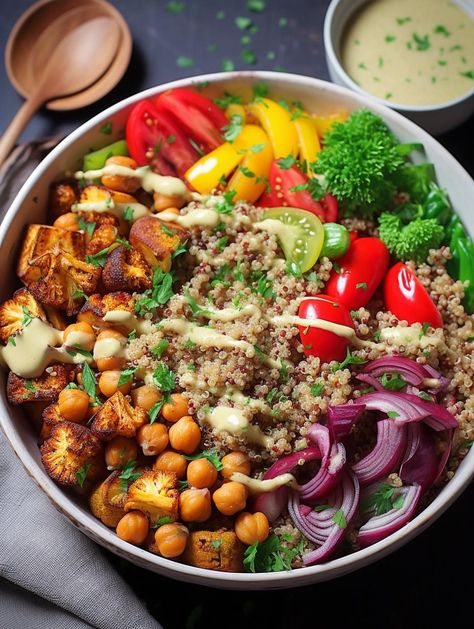 Quinoa And Veggie Power Bowls, Hummus Power Bowl, Bowl Of Vegetables, Roasted Vegetable Quinoa Bowl, Healthy Power Bowl Recipes, Roasted Vegetable Bowl, Vegan Honey Mustard Dressing, Vegan Power Bowl, Vegan Honey Mustard