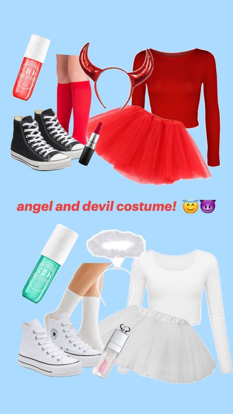 a fancy red and dainty white devil and angel costume and everything you would need! ❤️🤍 Cute Easy Halloween Costumes, Angel And Devil Costume, Angel Y Diablo, Devil And Angel, Angel Halloween Costumes, Halloween Duos, Classy Halloween Costumes, Matching Halloween Costumes, Best Friend Halloween Costumes