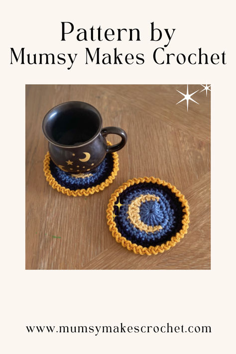 Make these beautiful coasters for yourself or loved ones. A great make for anyone who loves astrology, moon phases, Wicca or paganism. A great alternative gift. All patterns are available on my Patreon for just £4.50 per month. Save yourself a fortune and become a Patron of Mumsy Makes Crochet 🧶 Crochet Crescent Moon, Coasters Pattern, Astrology Moon, Coasters Crochet, Lunar Magic, Alternative Gifts, Love Astrology, Crochet Coaster Pattern, Crochet Blog