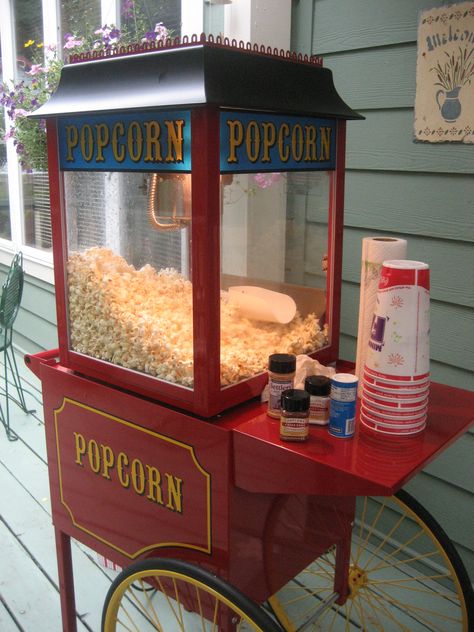 Popcorn cart! Popcorn Machine Stand Ideas, Mini Popcorn Machine, Vintage Popcorn Cart, Vintage Popcorn Machine, Popcorn Cart, Commercial Popcorn Machine, Food Counter, Popcorn Recipes Easy, Roof Decoration