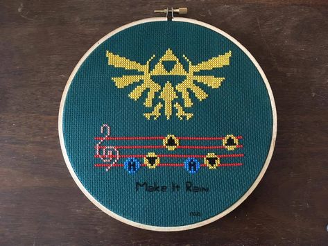 Legend of Zelda - Make it Rain Comission Nerdy Cross Stitch Patterns Free, Legend Of Zelda Pixel Art, Legend Of Zelda Cross Stitch, Zelda Embroidery, Zelda Cross Stitch, Geeky Cross Stitch Patterns, Stitch Games, Geeky Cross Stitch, Geek Cross Stitch