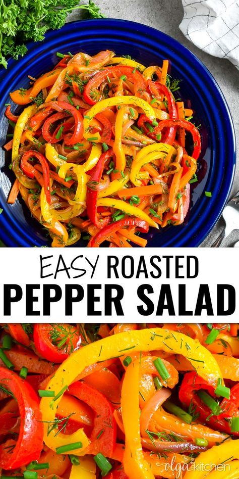 Oven Roasted Pepper Salad is incredibly tasty and so Easy!! One of our favorite make ahead bell pepper recipes! Everyone who tries this marinated roasted sweet pepper recipe, loves it and it always gets rave reviews everywhere it goes. | olgainthekitchen.com #bellpeppers #bellpepperrecipe #marinatedbellpeppers #sweetpeppers #marinatedvegetables #roastedpepper #sidedish #salad Pickled Peppers, Pepper Salad, Baked Chicken Drumsticks, Fresh Summer Salad, Bell Pepper Recipes, Russian Food, Salad Healthy, Roasted Peppers, Peppers Recipes