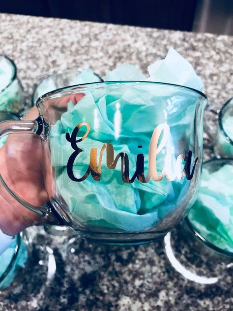 Glass Mugs With Vinyl, Clear Glass Coffee Mugs, Diy Silhouette, Clear Coffee Mugs, Cricut Decals, Mug With Name, Celestial Gifts, Promise Rings For Couples, Reusable Coffee Cup