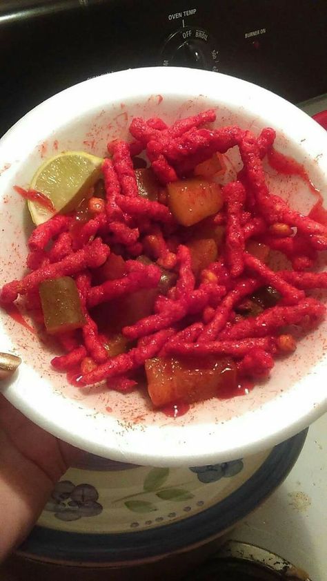 Pickles With Takis, Pickles And Hot Cheetos, Hot Cheetos Pickles, Hot Chips Snacks, Hot Cheetos Corn, Chamoy Pickles, Cheetos Recipe, Mexican Snack Foods, Hot Chips