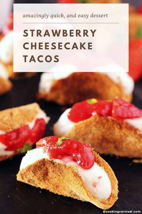 Strawberry Cheesecake Tacos – this is a recipe for very tasty dessert tacos. These Dessert Tacos include crunchy tortilla shells, filled with cheesecake filling and topped with homemade strawberry sauce make a perfect dessert and is a real party pleaser. Everyone you make them for is bound to fall in love with them too. People of all ages can’t resist how wonderful they are. #cheesecake #desserttaco #easydessert #strawberry #party #holiday #festival Strawberry Cheesecake Tacos, Dessert Tacos, Cheesecake Tacos, Berry Pie Filling, Banana Bread Brownies, Easy Strawberry Cheesecake, Dessert Taco, Homemade Strawberry Sauce, Tortilla Shells