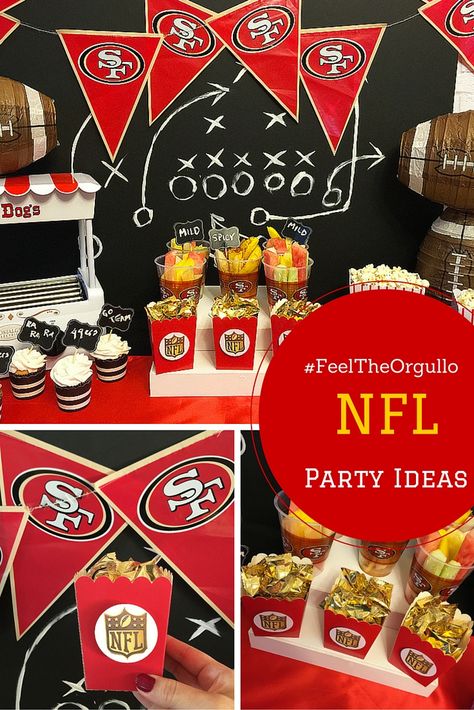 #FeelTheOrgullo with the NFL and easy GAME DAY party ideas! Plus a recipe for Ensalada de Frutas de Chile! 49ers Themed Food, San Francisco 49ers Football Food, Niners Party Decorations, 49er Themed Food, 49ers Theme Party Ideas, 49er Themed Birthday Party, 49er Party Ideas, 49er Birthday Party Ideas, 49ers Party Ideas