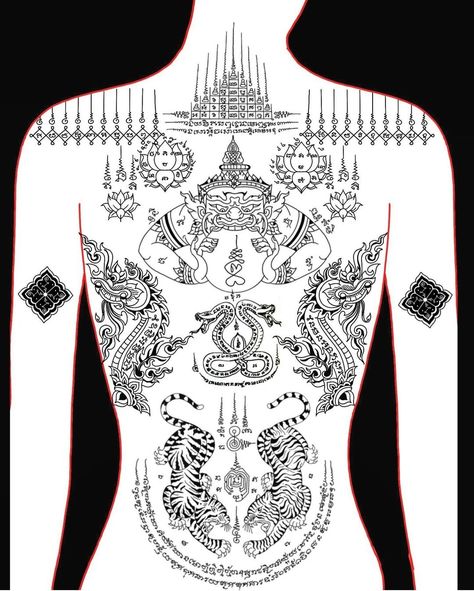 Crazy Back Tattoos, Thai Back Tattoo, Cambodian Tattoo For Women, Sak Yant Back Tattoo, Sak Yant Tattoo Women, Sak Yant Tattoo Design, Traditional Thai Tattoo, Yantra Tattoo, Khmer Tattoo