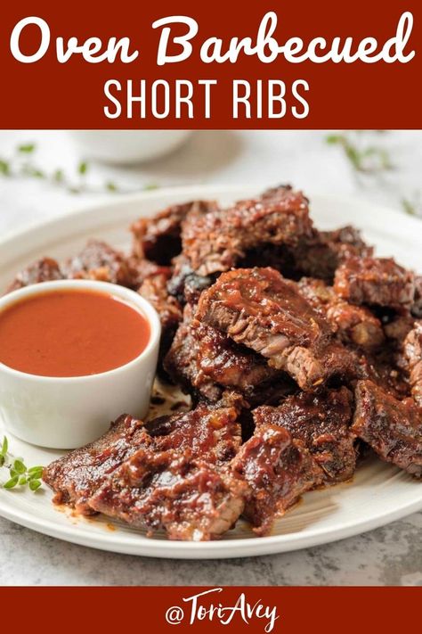 Oven Barbecued Short Ribs - Melt-in-your-mouth flanken-cut beef short ribs are rubbed with a seasoning blend, then slow roasted in the oven with sauce to tender, saucy perfection. | ToriAvey.com #flanken #shortribs #ovenbarbecue #beefribs #TorisKitchen Flanken Short Ribs Recipe, Short Rib Recipes Oven, Flanken Ribs, Ribs Recipe Oven, Beef Roasts, Bbq Short Ribs, Beef Ribs Recipe, Fall Eats, Beef Short Rib Recipes