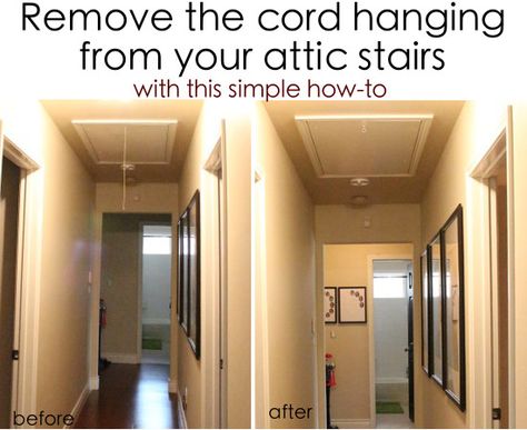 Get rid of that ugly cord hanging from your attic stairs – House of Hepworths Attic Pull Down Cord Ideas, Stairs House, Attic Door, Attic Nook, Garage Attic, Attic Staircase, Rental Ideas, Attic Lighting, Rent House