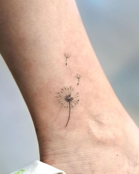 Dandelion Tattoo Micro Dandelion Tattoo, Elegance Tattoo For Women, Nature Related Tattoos, Dandelion Tiny Tattoo, Aesthetic Dainty Tattoos, Tattoo Ideas For New Beginnings, Dandelion Wish Tattoo, Wishing Flower Tattoo, Matching Dandelion Tattoo