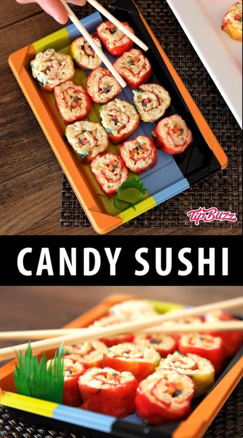 Candy Sushi Rolls, Sweet Sushi, Fruit Sushi, Puffed Rice Cereal, Rice Cereal Treats, Candy Sushi, Dessert Sushi, Sushi Cake, Sushi Party