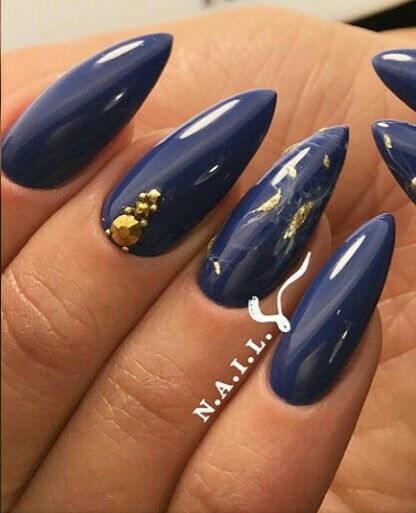 Dark Blue And Gold Nails, Quinceanera Nails, 17 Birthday, Dark Blue Nails, Dark Nails, Prom Nails, Blue Gems, Gold Flakes, Nail Polishes