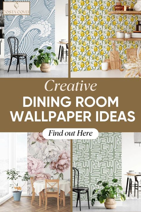 Transform your dining room into a stylish haven with our collection of unique wallpaper designs. Whether you prefer bold patterns or subtle textures, our wallpapers can elevate any dining space, adding character and charm. Discover the perfect backdrop for memorable meals and gatherings. Visit www.costacover.com to explore our exclusive selection and find the ideal wallpaper for your dining room makeover! | wallpaper ideas Small Dining Room Wallpaper Ideas, Dining Room Wallpaper Ideas, Wallpaper For Dining Room, Orange Dining Room, Creative Dining Room, Dining Room Murals, Room Wallpaper Ideas, Pink Dining Rooms, Yellow Dining Room