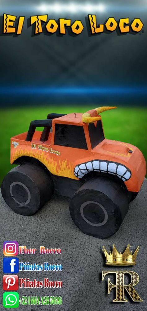 Piñata Del Toro Loco El Toro Loco Birthday Party, Toro Loco Birthday Party, Hot Wheels Pinata, Monster Truck Pinata, Truck Pinata, Monster Truck Videos, Birthday Decors, Truck Videos, Monster Truck Party