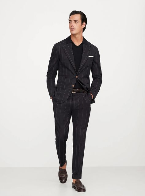 A versatile outfit with a black pinstripe suit paired with a casual black polo and dark brown loafers. Perfect for those who appreciate a smart blend of formality and comfort, suitable for any occasion. Dark Brown Loafers, Fat Style, Black Polo T Shirt, Black Pinstripe Suit, Men's Outfits, Brown Loafers, Suit Black, Pinstripe Suit, Black Polo