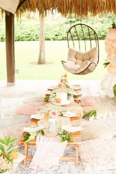 Don't miss this gorgeous boho bridal shower! The table settings are so stunning! See more party ideas and share yours at CatchMyParty.com Boho Chic Bridal Shower Table Settings, Rattan Bridal Shower Decor, Bright Boho Bridal Shower Ideas, Boho Wedding Shower Plates, Bridal Shower Pink Boho, Boho Chic Party, Tropical Bridal, Tropical Bridal Showers, Garden Cakes