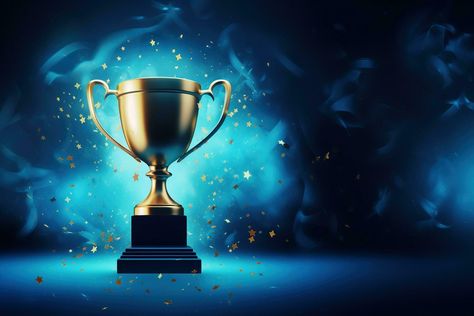 Generative AI, Winner trophy with flames, blue golden champion cup with falling confetti on blue background. Trophy Background, Winner Trophy, Autumn Confetti, Yearbook Themes, 25th Anniversary, Yearbook, Blue Background, Blue Backgrounds, Confetti