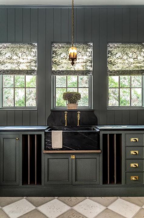 Black Marble Backsplash, Green Pantry, Flat Front Cabinets, Brass Faucets, Pantry Laundry, Cottage Style Kitchen, Black Granite Countertops, Galley Style Kitchen, Pantry Cabinets