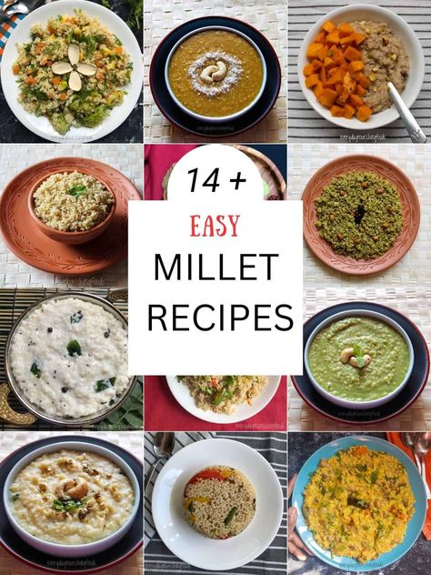 millet recipes photos collage Indian Recipes For Kids, Lunch Ideas Recipes, Curried Potatoes, Vegetarian Lunch Ideas, Millet Recipes, Raw Banana, Photos Collage, Dinner Today, Spinach Curry