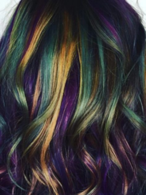 The Oil Slick Hair Trend Is Taking Over ... Hair For Brunettes, Oil Slick Hair Color, Hair Color Ideas For Brunettes Short, Oil Slick Hair, Slick Hair, Holographic Hair, Mermaid Hair Color, Vivid Hair Color, Hair Color For Brunettes