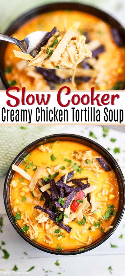 Slow Cooker Creamy Chicken Tortilla Soup Recipe is the best comfort food. Tons of chicken in a creamy broth with Mexican flavor make this soup a hit. Tortilla Soup Crockpot, Easy Tortilla Soup Recipe, Tortilla Chicken, Best Chicken Tortilla Soup, Tortilla Soup Easy, Chicken Tortilla Soup Crock Pot, Slow Cooker Chicken Tortilla Soup, Creamy Chicken Tortilla Soup, Chicken Tortilla Soup Recipe