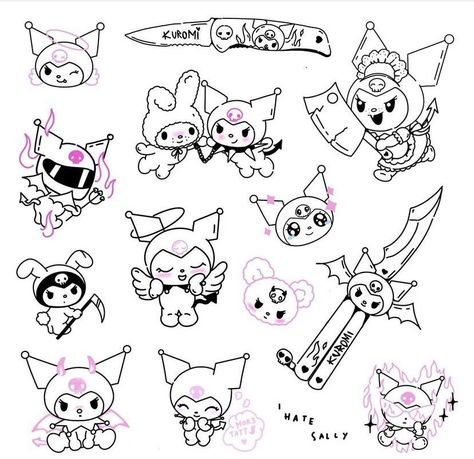 Sanrio Flash Tattoo, Kuromi Tattoo Aesthetic, Kuromi Tattoo Ideas, Kuromi Outline, Sanrio Tattoo Ideas, Kawaii Flash Tattoo, Kawaii Tattoo Ideas, Art Drawings Tattoo, Kuromi Tattoo