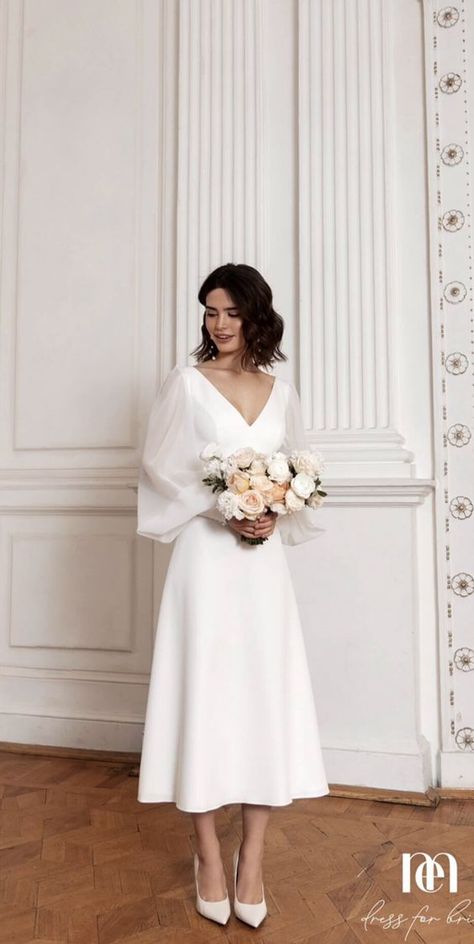 Wedding Dresses For Civil Wedding, Plain Bride Dress, Civil Wedding Dress Long Sleeve, Civil Wedding Dress With Sleeves, Wedding Dress Simple With Sleeves, Elegant Wedding Dress For Short Women, Short Wedding Dress With Long Sleeves, Long Sleeve Wedding Dress Short, Civil Dress Wedding