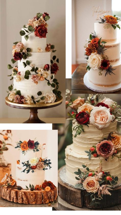 Wedding Cake Burnt Orange, Fall Wedding Cakes Rustic, Burnt Orange Wedding Cake, Wedding Cakes Fall, Fall Wedding Cake Ideas, Fall Wedding Cake, Wedding Collage, Maroon Wedding, Wedding Cake Rustic