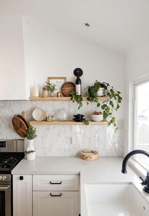 White Kitchen Plants, Cream And White Kitchen, Decor With Plants, Apartment Decorating Living, Kitchen Plants, White Kitchen Decor, Apartment Decorating, Minimalist Kitchen, Home Reno