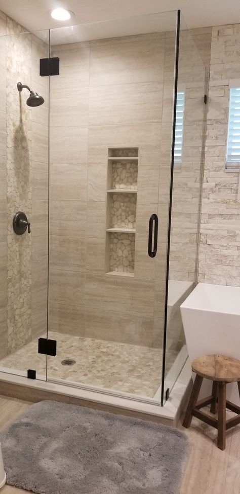 Glass Shower Frameless, Small Stand Up Shower Remodel Master Bath, Bathroom Remodel Glass Shower Door, Glassed In Showers Walk In, White Subway Tile Shower With River Rock Floor, River Rock Tile Bathroom, Small Bathroom Remodel With Tub And Shower Walk In, Glass Shower Corner, Walk In Shower Tile Designs