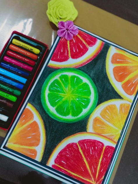 Citrus Fruits Drawing, Fruits Oil Pastel Drawing, Citrus Fruit Drawing, Pastel Fruit Drawing, Oil Pastel Fruit Drawings, Oil Crayon Art Ideas, Oil Pastel Crayons Drawing, Oil Pastel Fruit, Oil Pastel Sketch