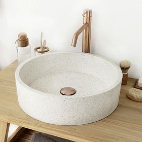 Countertop Basins | Bathroom Countertop Sinks | Victorian Plumbing Bathroom Bowl Sinks, Countertop Basin Bathroom, Basins Bathroom, Terrazzo Sink, Counter Top Basin, Home Spa Room, New House Bathroom, White Terrazzo, Round Sink