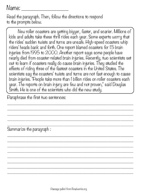 Summary Writing Worksheets, Paraphrasing Worksheet, Chapter Summary Template, Paraphrasing Activities, Teaching Summarizing, Paragraph Writing Worksheets, Summarizing Worksheet, 4th Grade Reading Worksheets, Summarizing Activities